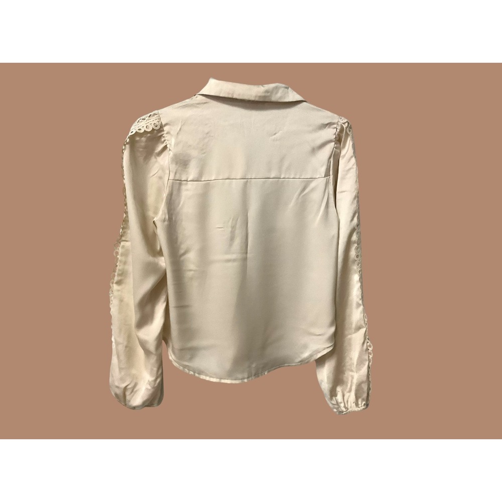 Peach Cream Satin Crochet Lace Blouse Long Sleeve Button Down Puff Shoulder SZ S - Picture 3 of 7